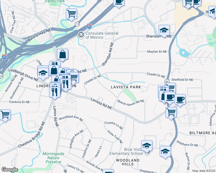 map of restaurants, bars, coffee shops, grocery stores, and more near 1135 Wild Creek Trail Northeast in Atlanta