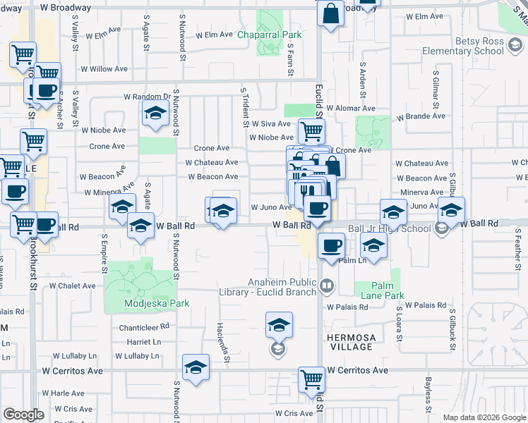 map of restaurants, bars, coffee shops, grocery stores, and more near 1780 West Juno Avenue in Anaheim
