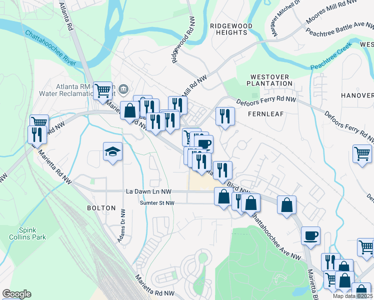 map of restaurants, bars, coffee shops, grocery stores, and more near 2265 Marietta Boulevard Northwest in Atlanta