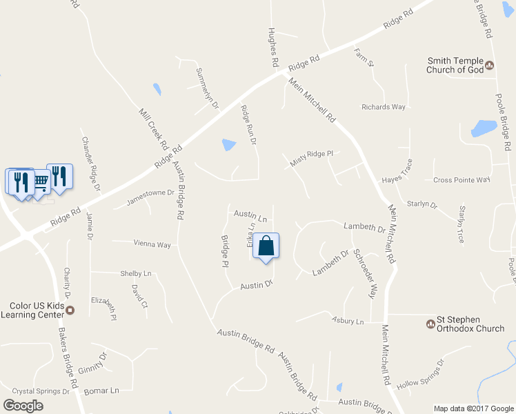 map of restaurants, bars, coffee shops, grocery stores, and more near 70 Austin Lane in Douglasville