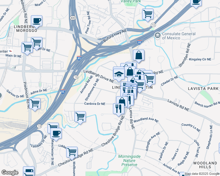 map of restaurants, bars, coffee shops, grocery stores, and more near 998 Northrope Drive Northeast in Atlanta