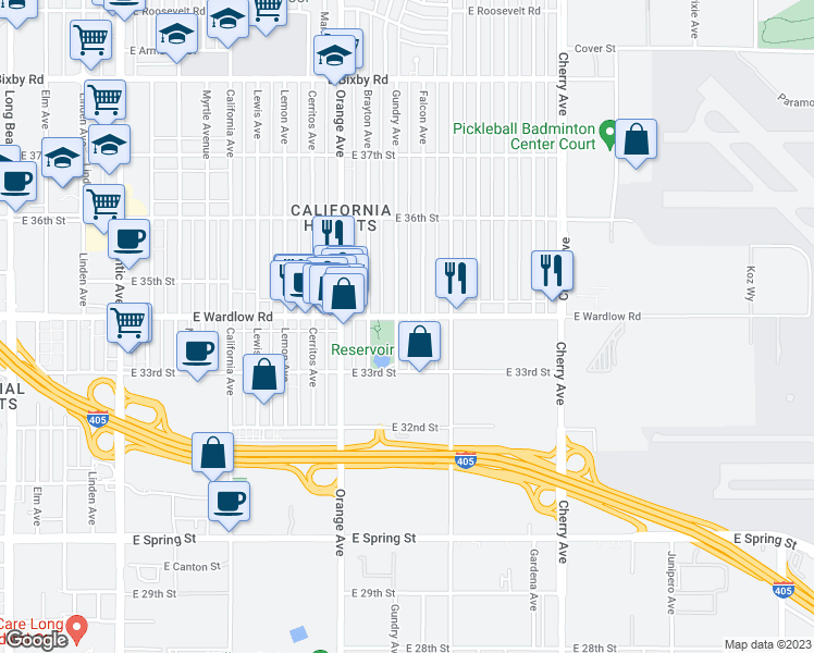 map of restaurants, bars, coffee shops, grocery stores, and more near 1420 East Wardlow Road in Long Beach