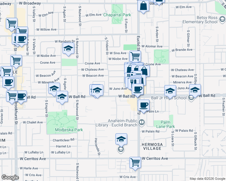 map of restaurants, bars, coffee shops, grocery stores, and more near 1775 West Juno Avenue in Anaheim