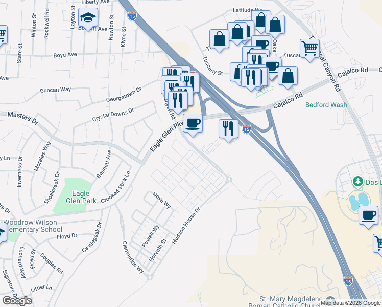 map of restaurants, bars, coffee shops, grocery stores, and more near 3900 Lavine Way in Corona
