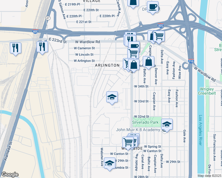 map of restaurants, bars, coffee shops, grocery stores, and more near 3595 Santa Fe Avenue in Long Beach