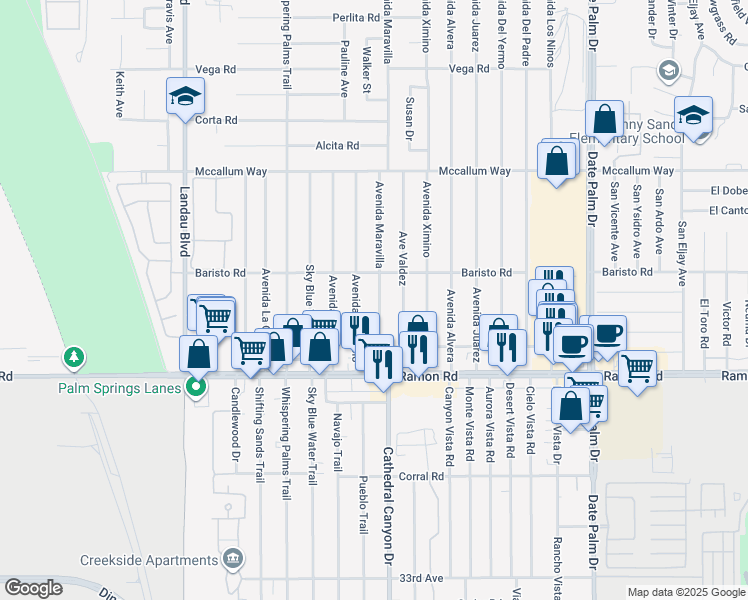 map of restaurants, bars, coffee shops, grocery stores, and more near 31575 Avenida Maravilla in Cathedral City