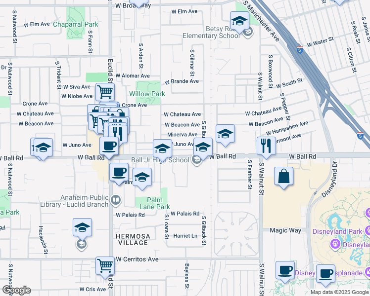 map of restaurants, bars, coffee shops, grocery stores, and more near 1537 West Juno Avenue in Anaheim