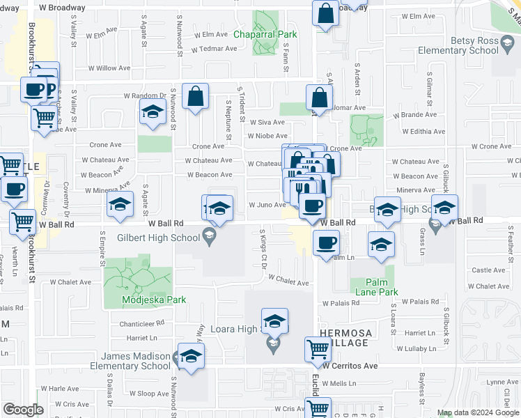 map of restaurants, bars, coffee shops, grocery stores, and more near 1775 West Juno Avenue in Anaheim