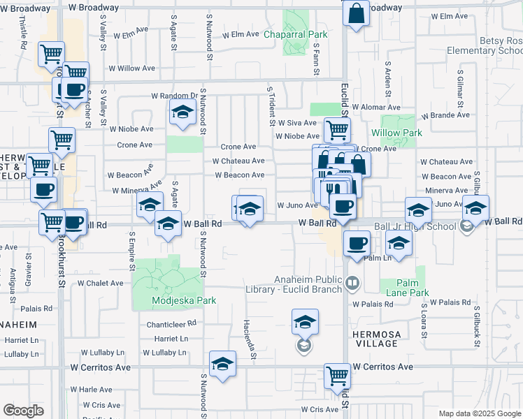 map of restaurants, bars, coffee shops, grocery stores, and more near 916 South Park Circle in Anaheim