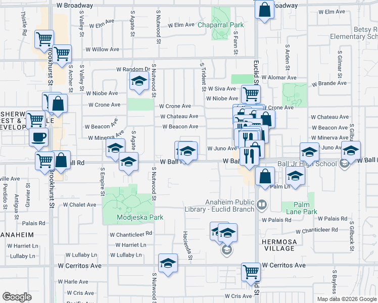 map of restaurants, bars, coffee shops, grocery stores, and more near 916 South Park Circle in Anaheim