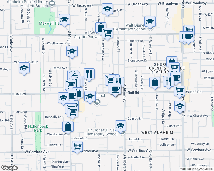 map of restaurants, bars, coffee shops, grocery stores, and more near 918 South Webster Avenue in Anaheim