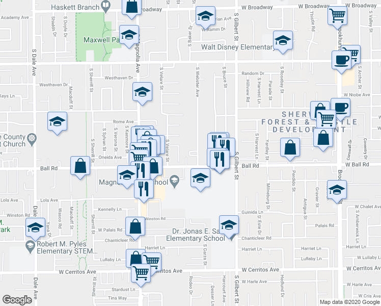 map of restaurants, bars, coffee shops, grocery stores, and more near 902 South Texella Court in Anaheim