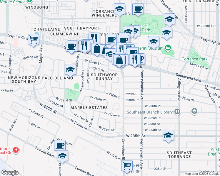 map of restaurants, bars, coffee shops, grocery stores, and more near 22812 Eriel Avenue in Torrance