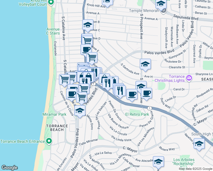map of restaurants, bars, coffee shops, grocery stores, and more near 414 Avenue G in Redondo Beach