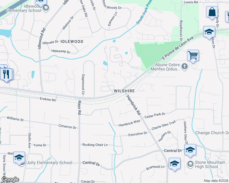 map of restaurants, bars, coffee shops, grocery stores, and more near 4315 Orchard Park Court in Stone Mountain