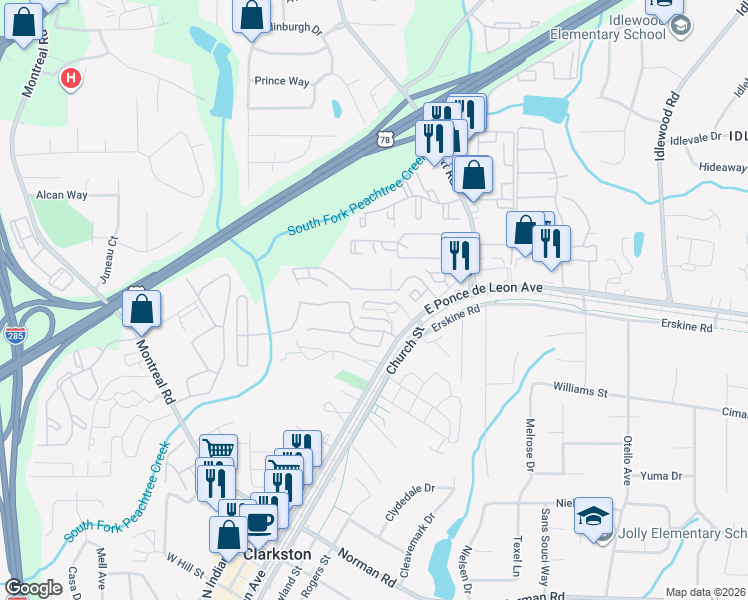map of restaurants, bars, coffee shops, grocery stores, and more near 3760 Tree Creek Lane in Clarkston