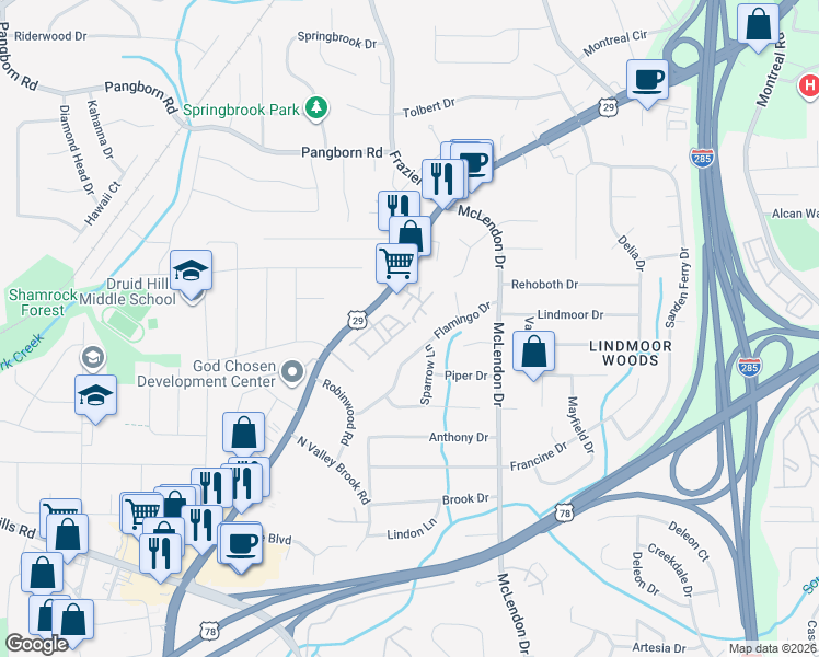 map of restaurants, bars, coffee shops, grocery stores, and more near 3039 Eltham Place in Decatur