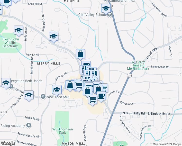 map of restaurants, bars, coffee shops, grocery stores, and more near 1980 Townsend Court in Atlanta