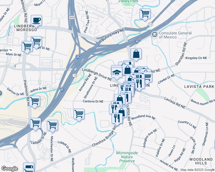 map of restaurants, bars, coffee shops, grocery stores, and more near 998 Northrope Drive Northeast in Atlanta