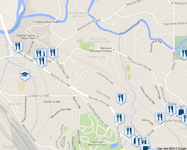 map of restaurants, bars, coffee shops, grocery stores, and more near 1200 Liberty Parkway Northwest in Atlanta