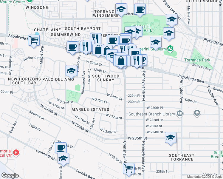 map of restaurants, bars, coffee shops, grocery stores, and more near 22812 Eriel Avenue in Torrance