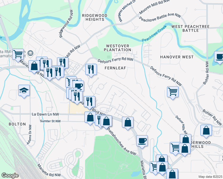 map of restaurants, bars, coffee shops, grocery stores, and more near 1200 Liberty Parkway Northwest in Atlanta