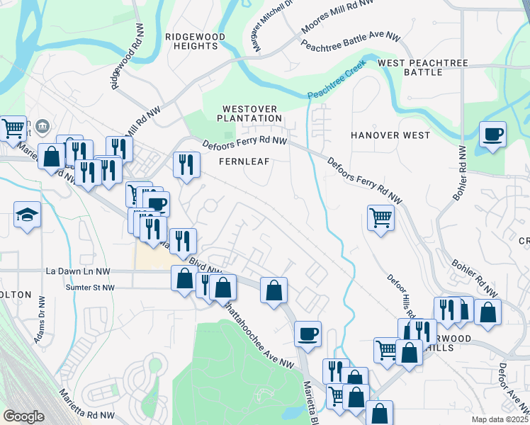 map of restaurants, bars, coffee shops, grocery stores, and more near 1325 Liberty Parkway Northwest in Atlanta