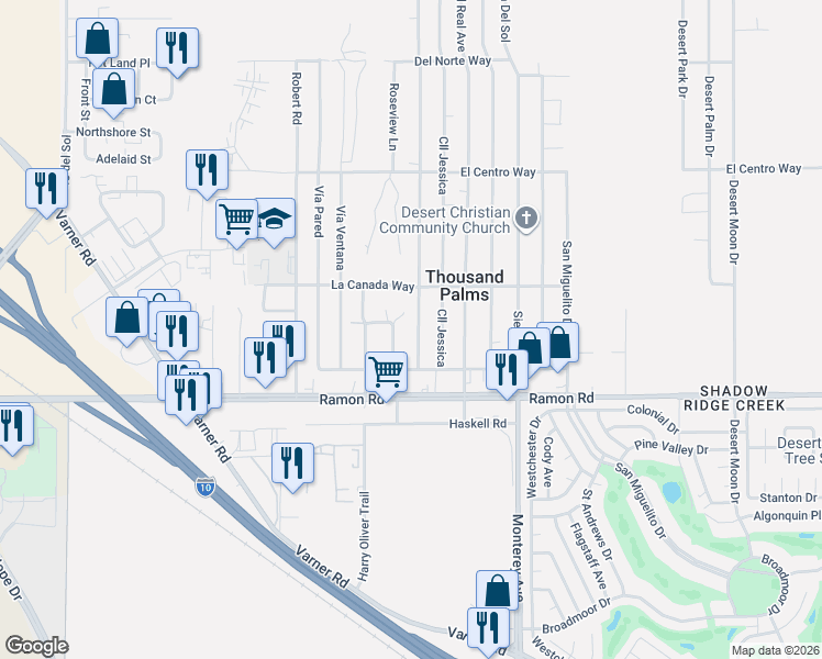map of restaurants, bars, coffee shops, grocery stores, and more near 31605 Monte Vista Way in Thousand Palms