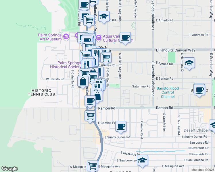 map of restaurants, bars, coffee shops, grocery stores, and more near 326 South Calle Encilia in Palm Springs