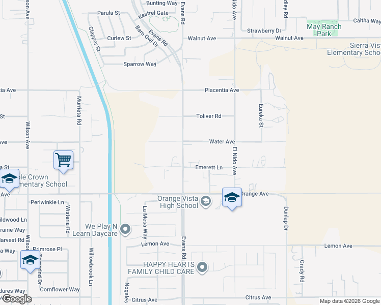 map of restaurants, bars, coffee shops, grocery stores, and more near 20760 Evans Road in Perris