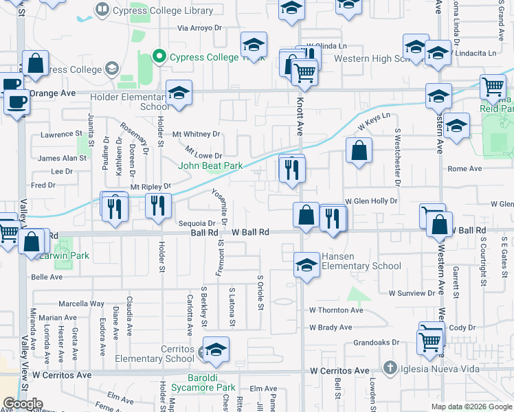 map of restaurants, bars, coffee shops, grocery stores, and more near 849 Marian Way in Anaheim