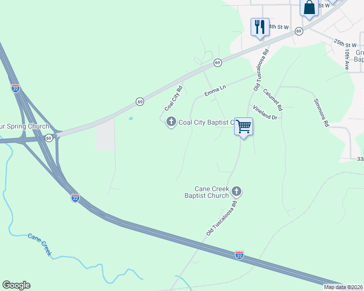 map of restaurants, bars, coffee shops, grocery stores, and more near 3302-3598 Coal City Road in Jasper