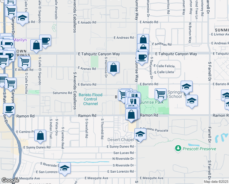 map of restaurants, bars, coffee shops, grocery stores, and more near 1322 Tiffany Circle South in Palm Springs
