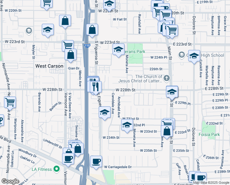 map of restaurants, bars, coffee shops, grocery stores, and more near 22758 Jody Lane in Carson