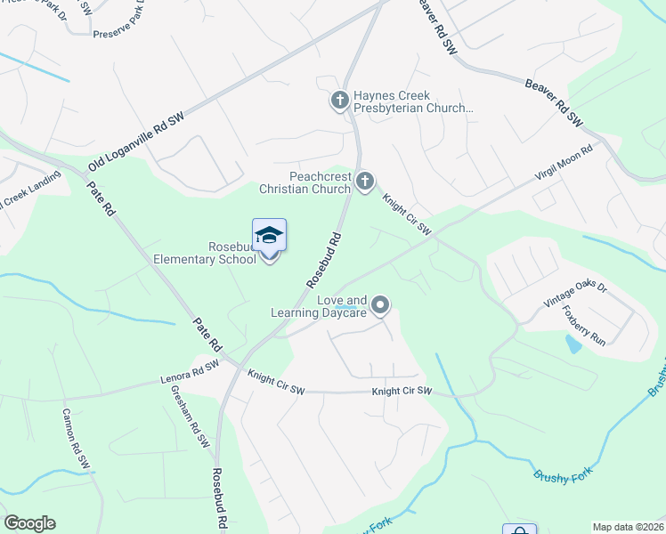 map of restaurants, bars, coffee shops, grocery stores, and more near 4137 Rosebud Road in Loganville