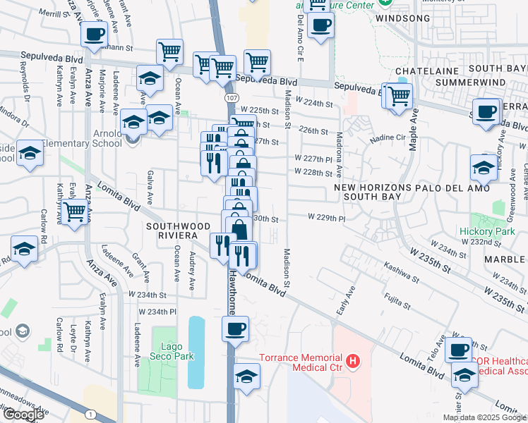 map of restaurants, bars, coffee shops, grocery stores, and more near 22932 Samuel Street in Torrance