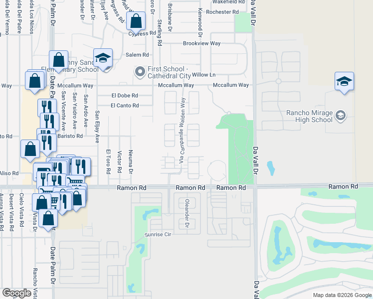 map of restaurants, bars, coffee shops, grocery stores, and more near 403 Via Milano in Cathedral City