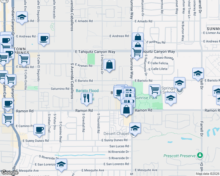 map of restaurants, bars, coffee shops, grocery stores, and more near 1334 Tiffany Circle South in Palm Springs