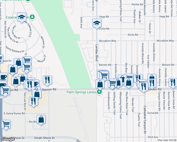 map of restaurants, bars, coffee shops, grocery stores, and more near 31575 Calle Amigos in Cathedral City