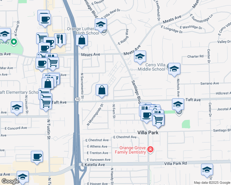 map of restaurants, bars, coffee shops, grocery stores, and more near 2526 East Blueridge Avenue in Orange