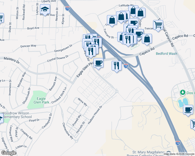 map of restaurants, bars, coffee shops, grocery stores, and more near 3900 Lavine Way in Corona