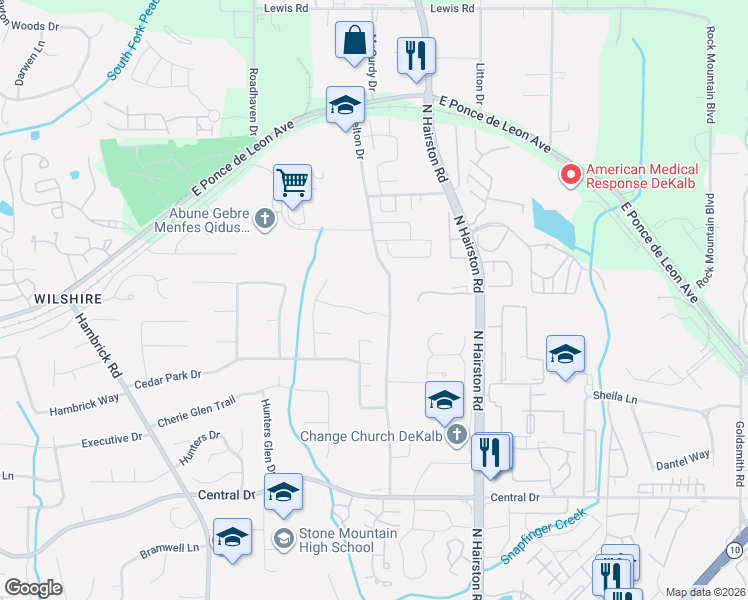map of restaurants, bars, coffee shops, grocery stores, and more near 1320 Kelton Drive in Stone Mountain