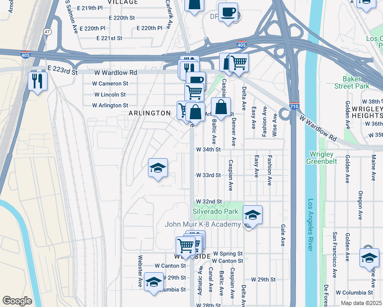 map of restaurants, bars, coffee shops, grocery stores, and more near Santa Fe Ave & W 34th St in Long Beach