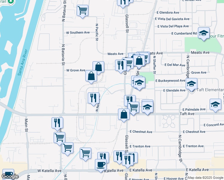 map of restaurants, bars, coffee shops, grocery stores, and more near 231 West Blueridge Avenue in Orange