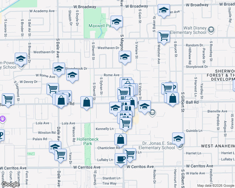 map of restaurants, bars, coffee shops, grocery stores, and more near 910 South Kenmore Street in Anaheim
