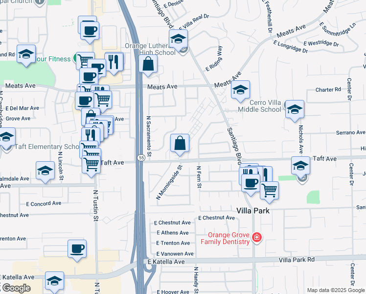 map of restaurants, bars, coffee shops, grocery stores, and more near in Villa Park