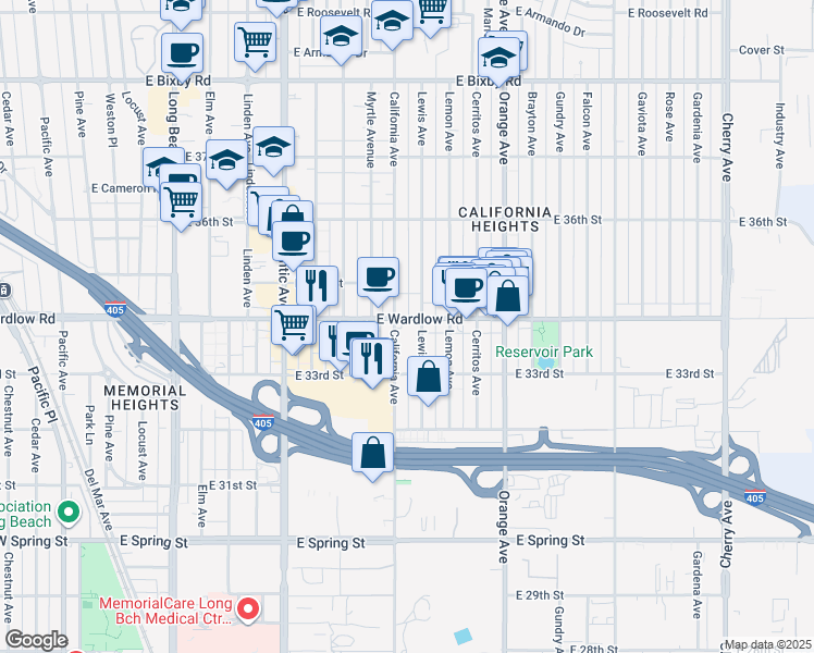 map of restaurants, bars, coffee shops, grocery stores, and more near 915 East Wardlow Road in Long Beach