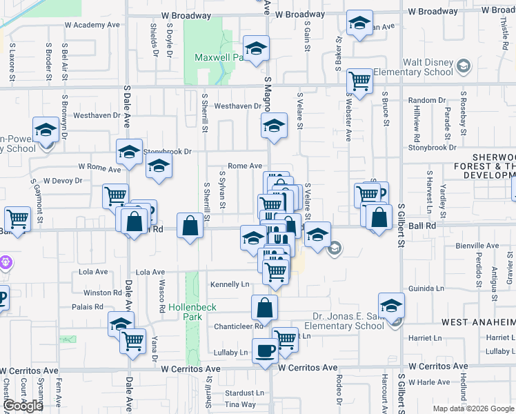 map of restaurants, bars, coffee shops, grocery stores, and more near 910 South Kenmore Street in Anaheim