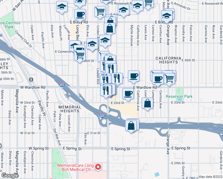map of restaurants, bars, coffee shops, grocery stores, and more near in Long Beach