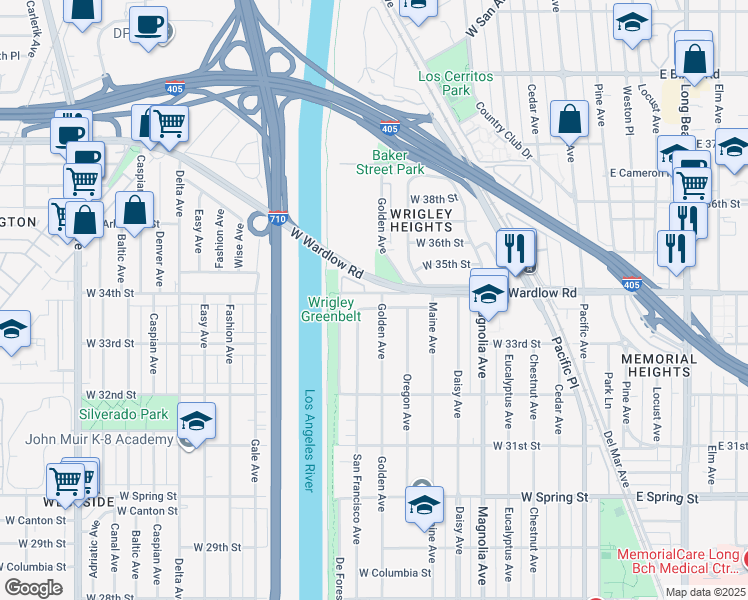 map of restaurants, bars, coffee shops, grocery stores, and more near 859 West 33rd Way in Long Beach